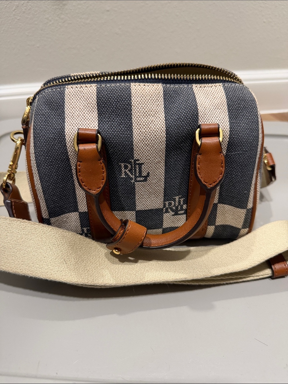 Ralph Lauren Double RL Canvas Mini Satchel in Navy, Cream and Brown